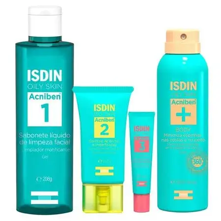 Isdin Acniben Kit - Gel Secativo + Sabonete Facial + Gel Creme Facial + Spray Corporal Antiacne para Peles Oleosas e Acneicas Kit
